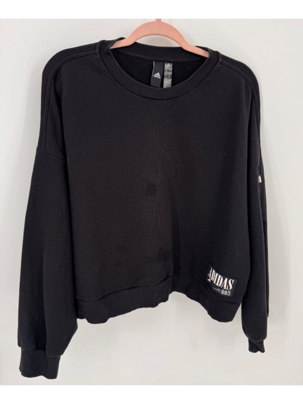 Adidas Y2K Oversized Black Crewneck Sweatshirt Womens Size L With Zipper Pocket